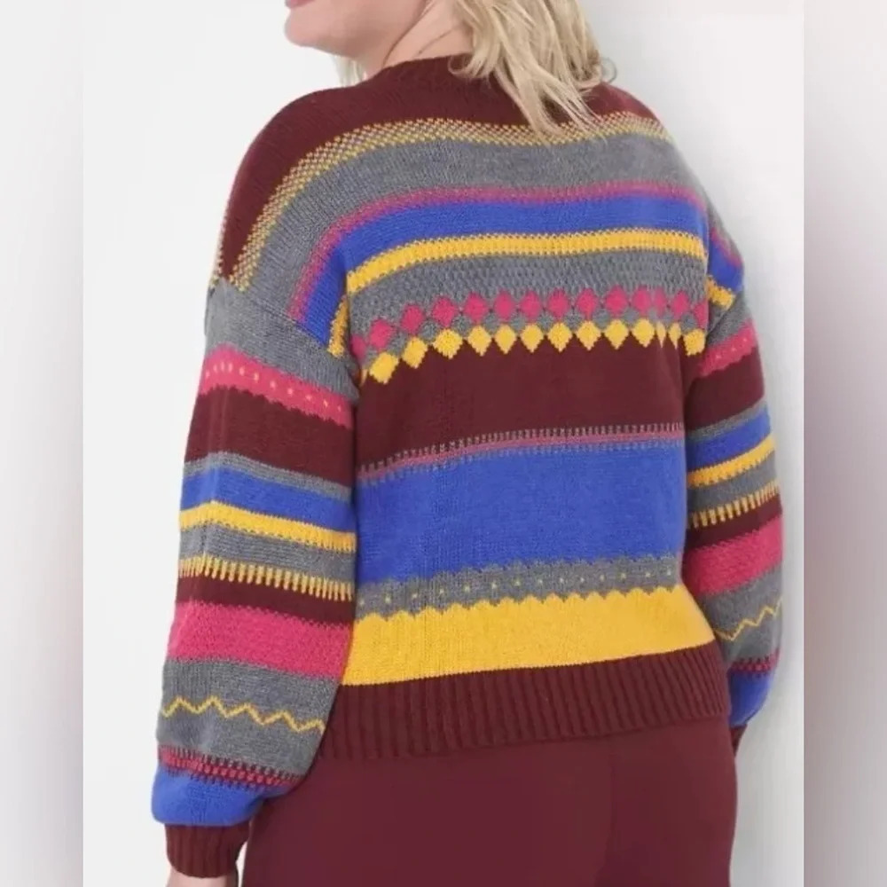 Lane Bryant Plus Crew Neck Fair Isle Sweater Stripe Yellow Red Blue 14/16 1X - Picture 6 of 9